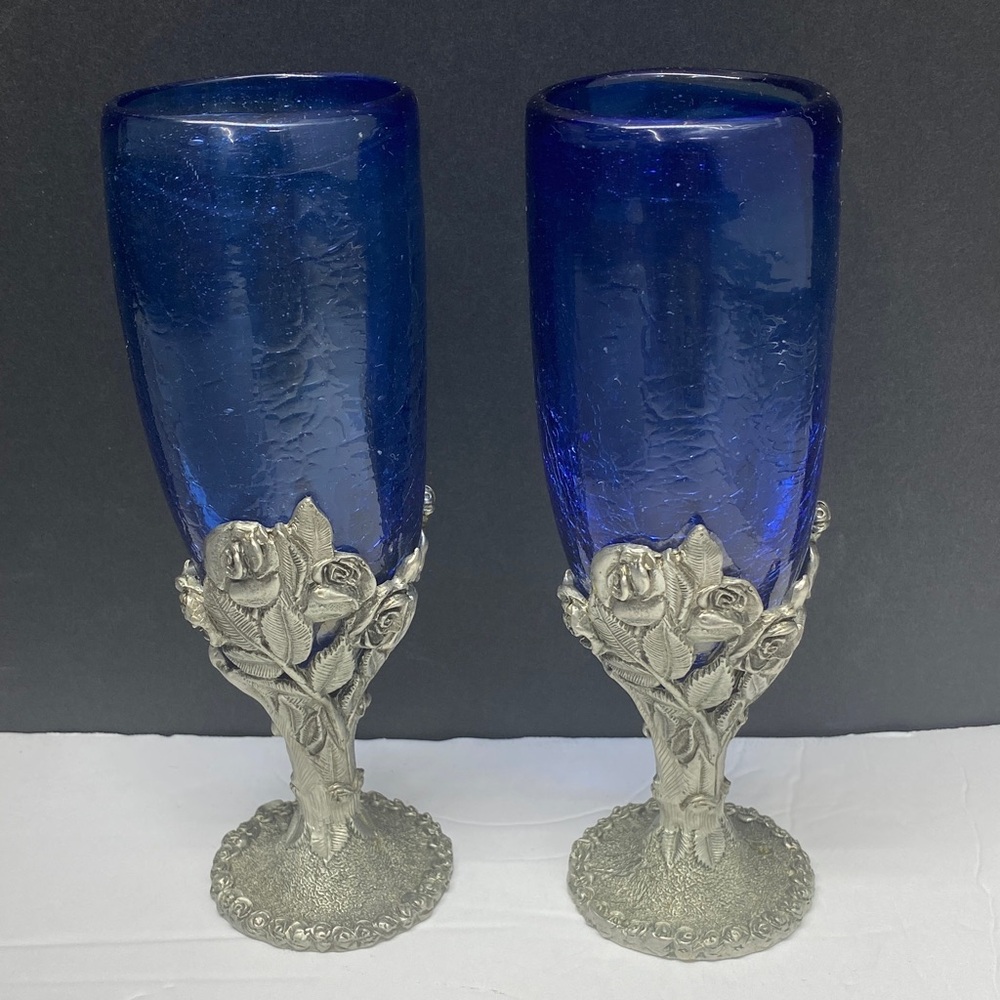 Ballena Bay Pewter Floral grapes Stem Goblet Wine Glass Cobalt Blue